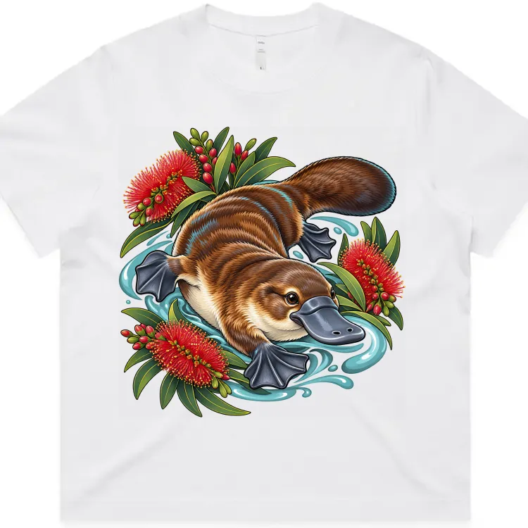 Platypus Among Bottlebrush printed on a white Women’s Boxy T-Shirt, design by Australia Art Prints
