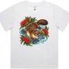 Platypus Among Bottlebrush printed on a white Women’s Fitted T-Shirt, design by Australia Art Prints