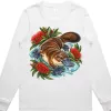 Platypus Among Bottlebrush printed on a white Women’s Long Sleeve T-Shirt, design by Australia Art Prints