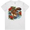 Platypus Among Bottlebrush printed on a white Women’s T-Shirt, design by Australia Art Prints