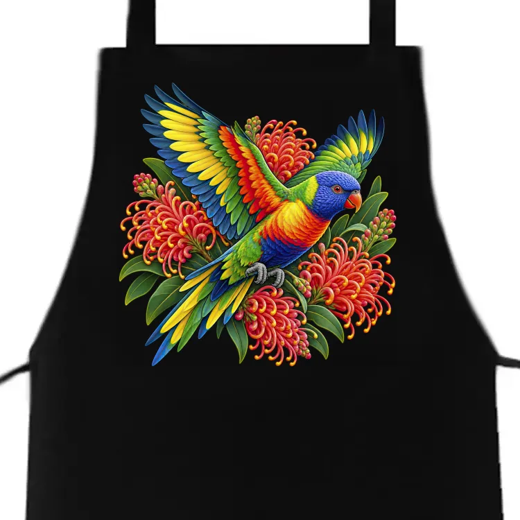 Rainbow Lorikeet with Grevillea printed on a black Apron, design by Australia Art Prints