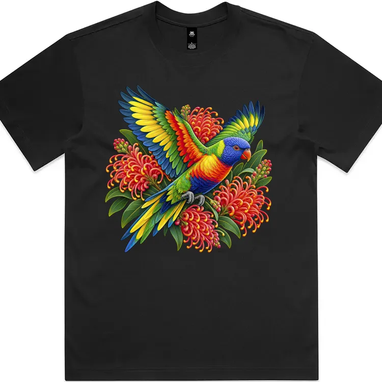 Rainbow Lorikeet with Grevillea printed on a black Boxy T-Shirt, design by Australia Art Prints
