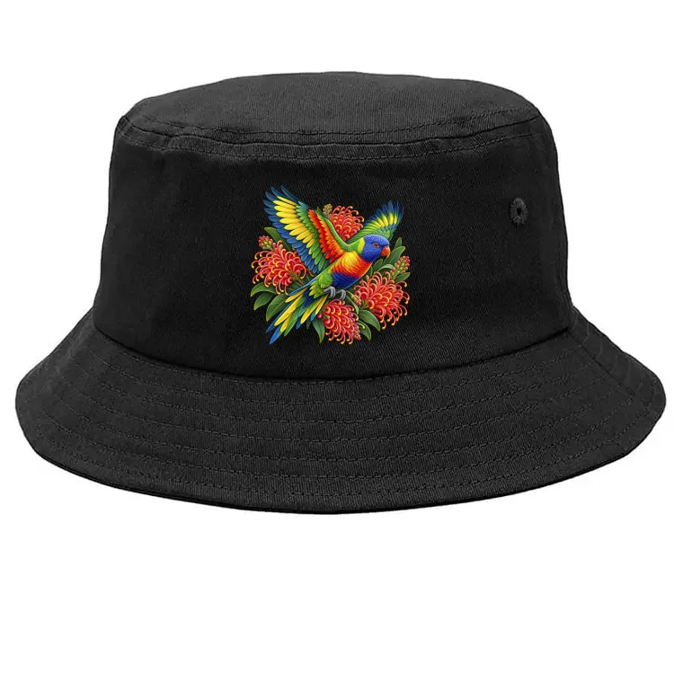 Rainbow Lorikeet with Grevillea printed on a black Bucket Hat, design by Australia Art Prints