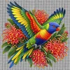 White Penelope cross stitch canvas printed in full colour with the Rainbow Lorikeet with Grevillea design