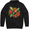 Rainbow Lorikeet with Grevillea printed on a black Hoodie, design by Australia Art Prints