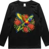Rainbow Lorikeet with Grevillea printed on a black Kids Long Sleeve T-Shirt, design by Australia Art Prints