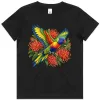 Rainbow Lorikeet with Grevillea printed on a black Kids T-Shirt, design by Australia Art Prints