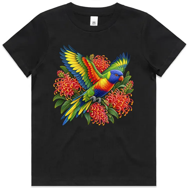 Rainbow Lorikeet with Grevillea printed on a black Kids T-Shirt, design by Australia Art Prints