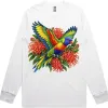 White long sleeve T-shirt with the Rainbow Lorikeet with Grevillea print on the front