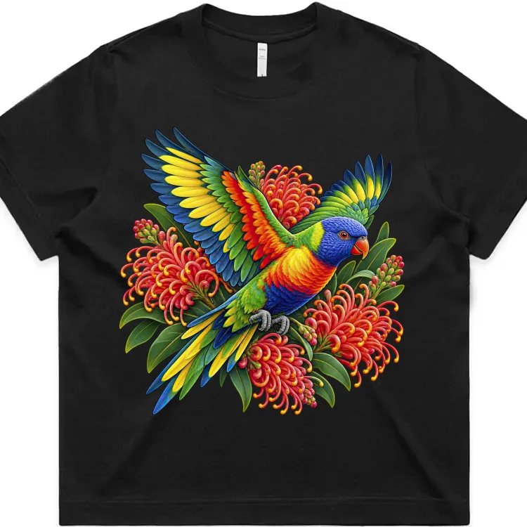Black women’s boxy T-shirt with the Rainbow Lorikeet with Grevillea print on the front