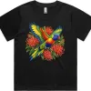 Black women’s Martina T-shirt with a rainbow lorikeet among red grevillea printed on the front