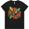 Rainbow Lorikeet with Grevillea printed on a black Women’s T-Shirt, design by Australia Art Prints