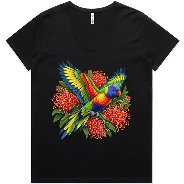 Black women’s V-neck T-shirt printed with a rainbow lorikeet among red grevillea