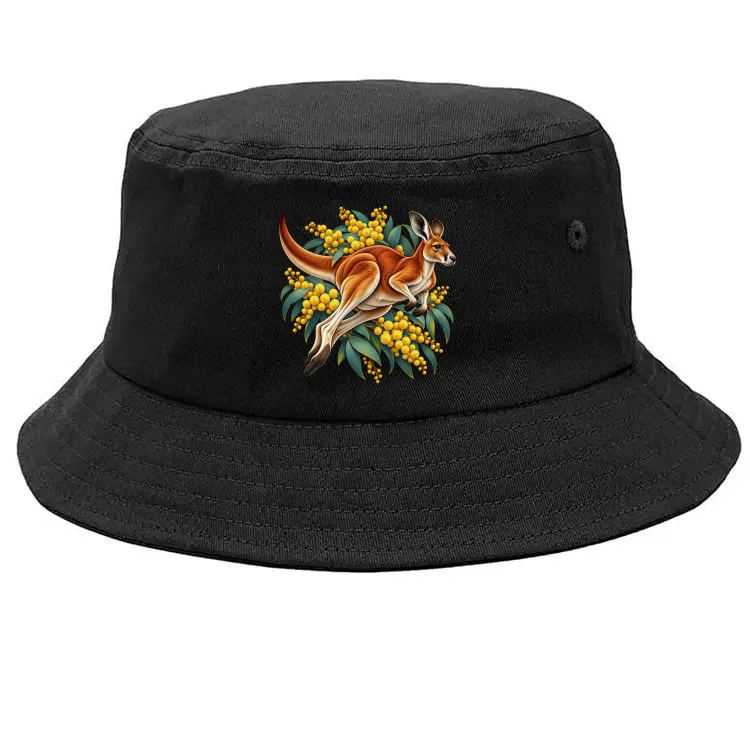 Black bucket hat with a small Red Kangaroo and Golden Wattle print on the front