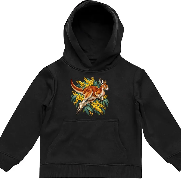 Red Kangaroo and Golden Wattle printed on a black Kids Hoodie, design by Australia Art Prints
