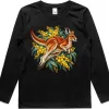 Red Kangaroo and Golden Wattle printed on a black Kids Long Sleeve T-Shirt, design by Australia Art Prints