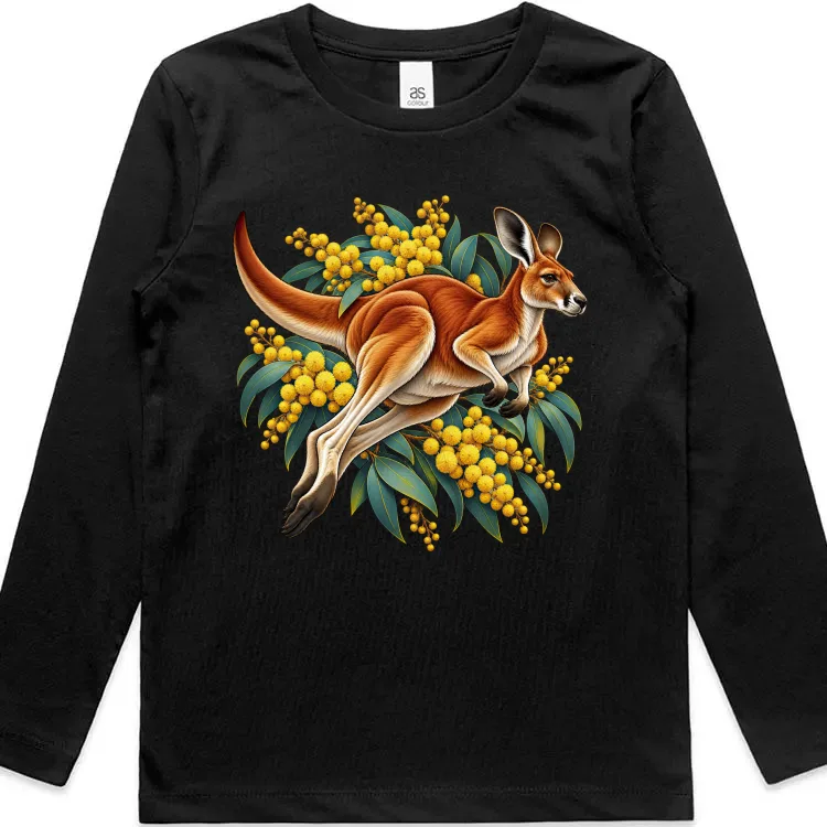 Red Kangaroo and Golden Wattle printed on a black Kids Long Sleeve T-Shirt, design by Australia Art Prints
