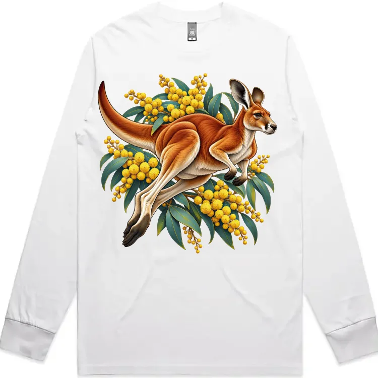 Red Kangaroo and Golden Wattle printed on a white Long Sleeve T-Shirt, design by Australia Art Prints