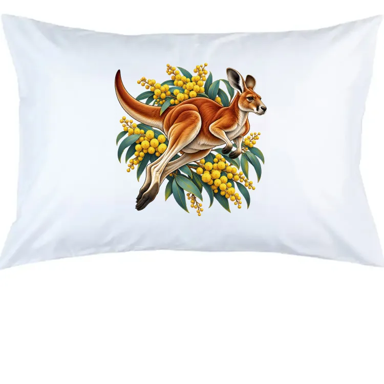 White pillow case printed with a red kangaroo and golden wattle