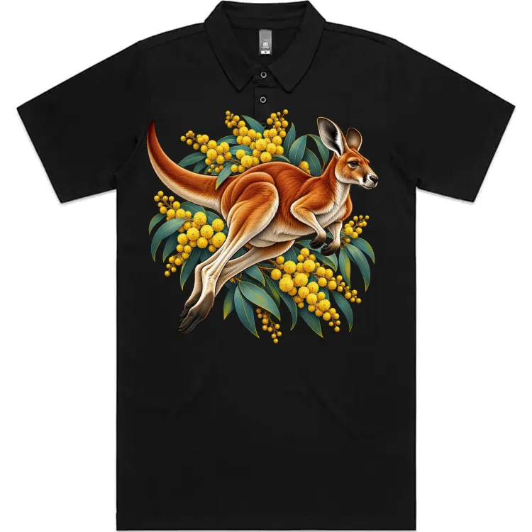 Red Kangaroo and Golden Wattle printed on a black Polo Shirt, design by Australia Art Prints