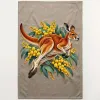 Red Kangaroo and Golden Wattle printed on a flax Tea Towel, design by Australia Art Prints