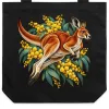 Red Kangaroo and Golden Wattle printed on a black Tote Bag, design by Australia Art Prints