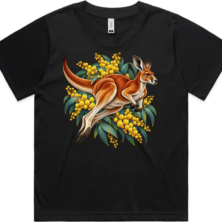 Red Kangaroo and Golden Wattle printed on a black Women’s Fitted T-Shirt, design by Australia Art Prints