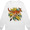 Red Kangaroo and Golden Wattle printed on a white Women’s Long Sleeve T-Shirt, design by Australia Art Prints