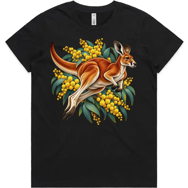 Red Kangaroo and Golden Wattle printed on a black Women’s T-Shirt, design by Australia Art Prints