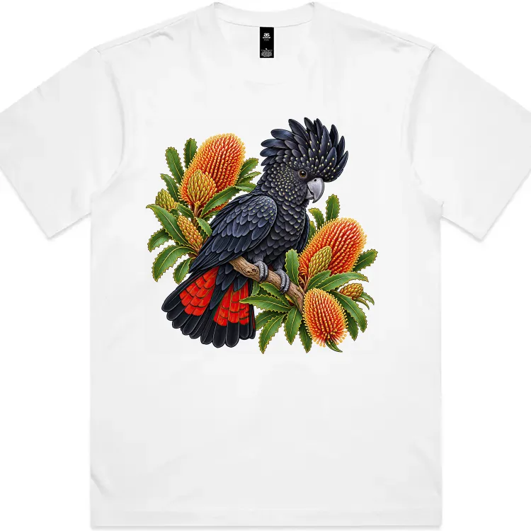 Red-tailed Black Cockatoo Among Golden Banksia printed on a white Boxy T-Shirt, design by Australia Art Prints