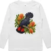 Red-tailed Black Cockatoo Among Golden Banksia printed on a white Kids Long Sleeve T-Shirt, design by Australia Art Prints