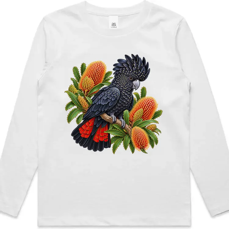 Red-tailed Black Cockatoo Among Golden Banksia printed on a white Kids Long Sleeve T-Shirt, design by Australia Art Prints