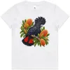 Red-tailed Black Cockatoo Among Golden Banksia printed on a white Kids T-Shirt, design by Australia Art Prints