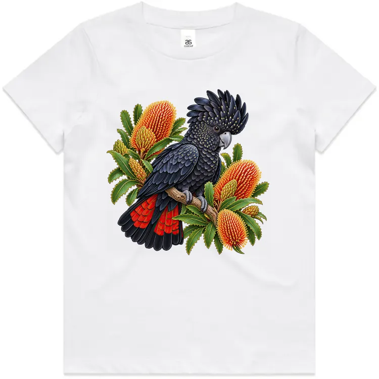 Red-tailed Black Cockatoo Among Golden Banksia printed on a white Kids T-Shirt, design by Australia Art Prints