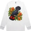 Red-tailed Black Cockatoo Among Golden Banksia printed on a white Long Sleeve T-Shirt, design by Australia Art Prints