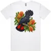 Red-tailed Black Cockatoo Among Golden Banksia printed on a white Men’s T-Shirt, design by Australia Art Prints