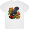 Red-tailed Black Cockatoo Among Golden Banksia printed on a white Oversized T-Shirt, design by Australia Art Prints