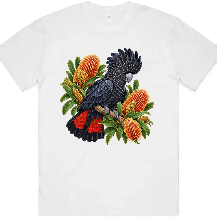 Red-tailed Black Cockatoo Among Golden Banksia printed on a white Oversized T-Shirt, design by Australia Art Prints