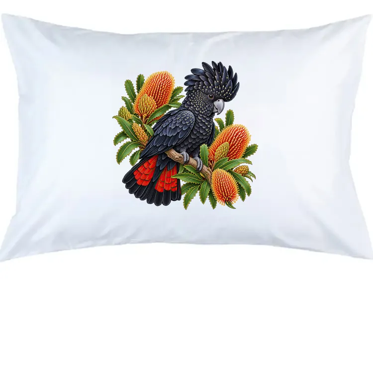 Red-tailed Black Cockatoo Among Golden Banksia printed on a white Pillow Case, design by Australia Art Prints