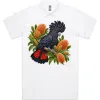 Red-tailed Black Cockatoo Among Golden Banksia printed on a white Polo Shirt, design by Australia Art Prints