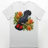 Red-tailed Black Cockatoo Among Golden Banksia printed on a white Premium Men’s T-Shirt, design by Australia Art Prints