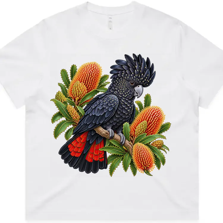 Red-tailed Black Cockatoo Among Golden Banksia printed on a white Women’s Boxy T-Shirt, design by Australia Art Prints
