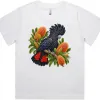 Red-tailed Black Cockatoo Among Golden Banksia printed on a white Women’s Fitted T-Shirt, design by Australia Art Prints