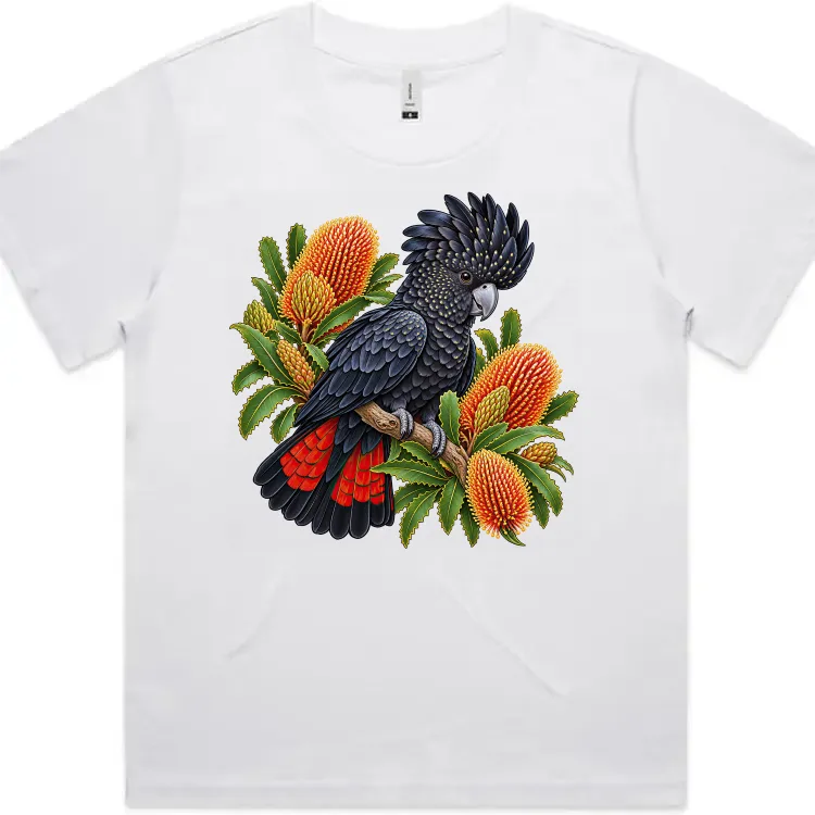 Red-tailed Black Cockatoo Among Golden Banksia printed on a white Women’s Fitted T-Shirt, design by Australia Art Prints
