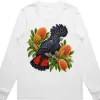 Red-tailed Black Cockatoo Among Golden Banksia printed on a white Women’s Long Sleeve T-Shirt, design by Australia Art Prints
