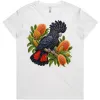 Red-tailed Black Cockatoo Among Golden Banksia printed on a white Women’s T-Shirt, design by Australia Art Prints