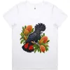 Red-tailed Black Cockatoo Among Golden Banksia printed on a white Women’s V-Neck T-Shirt, design by Australia Art Prints