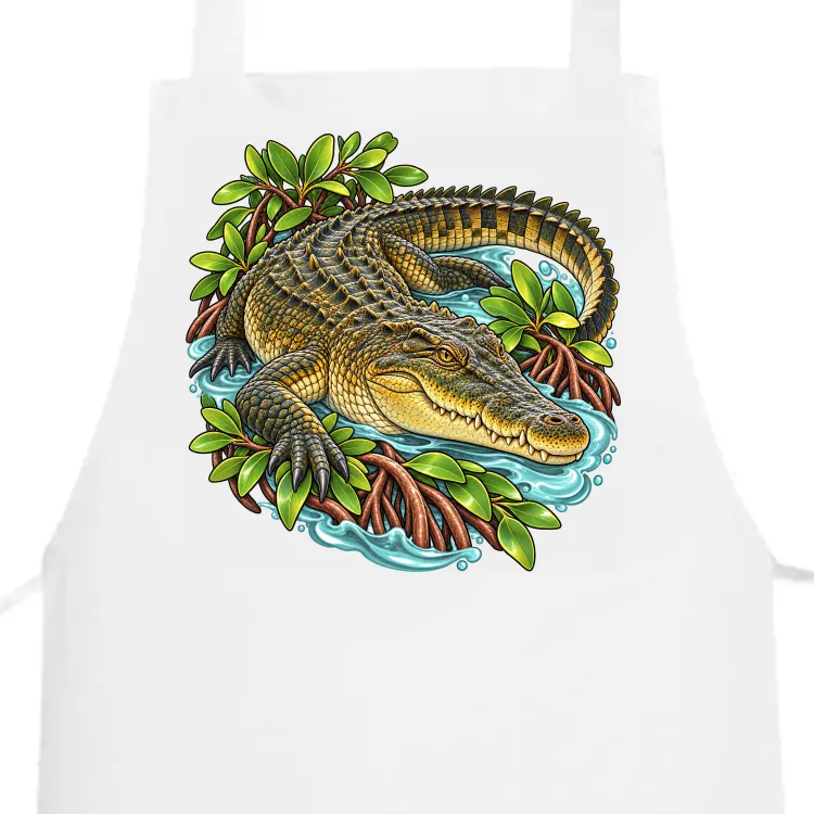Saltwater Crocodile Among Mangroves printed on a white Apron, design by Australia Art Prints