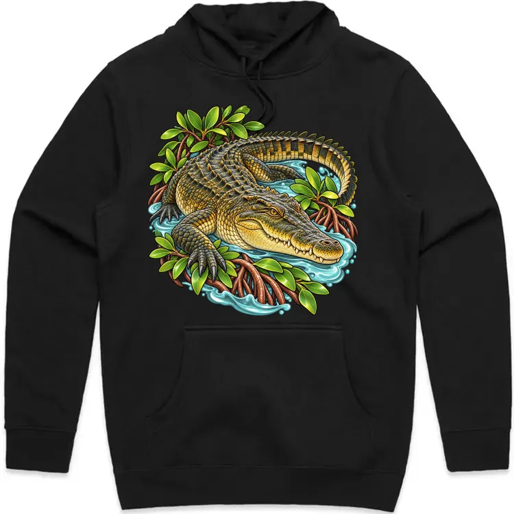 Saltwater Crocodile Among Mangroves printed on a black Hoodie, design by Australia Art Prints
