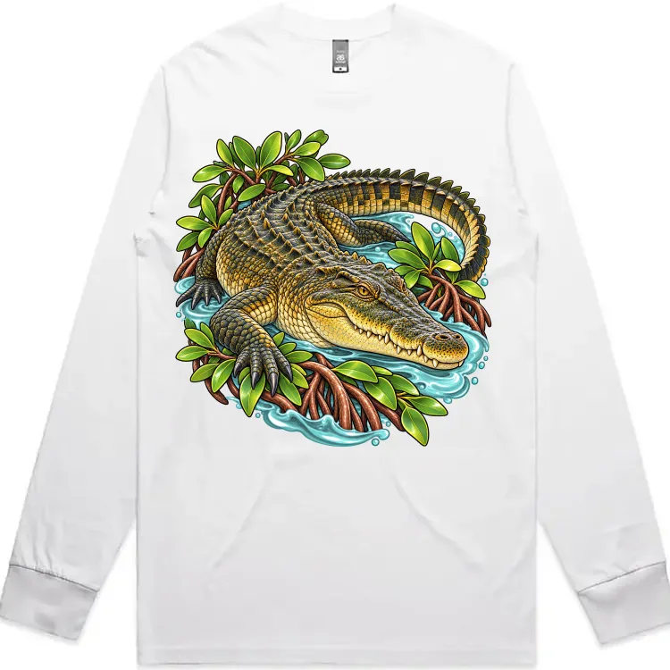Saltwater Crocodile Among Mangroves printed on a white Long Sleeve T-Shirt, design by Australia Art Prints